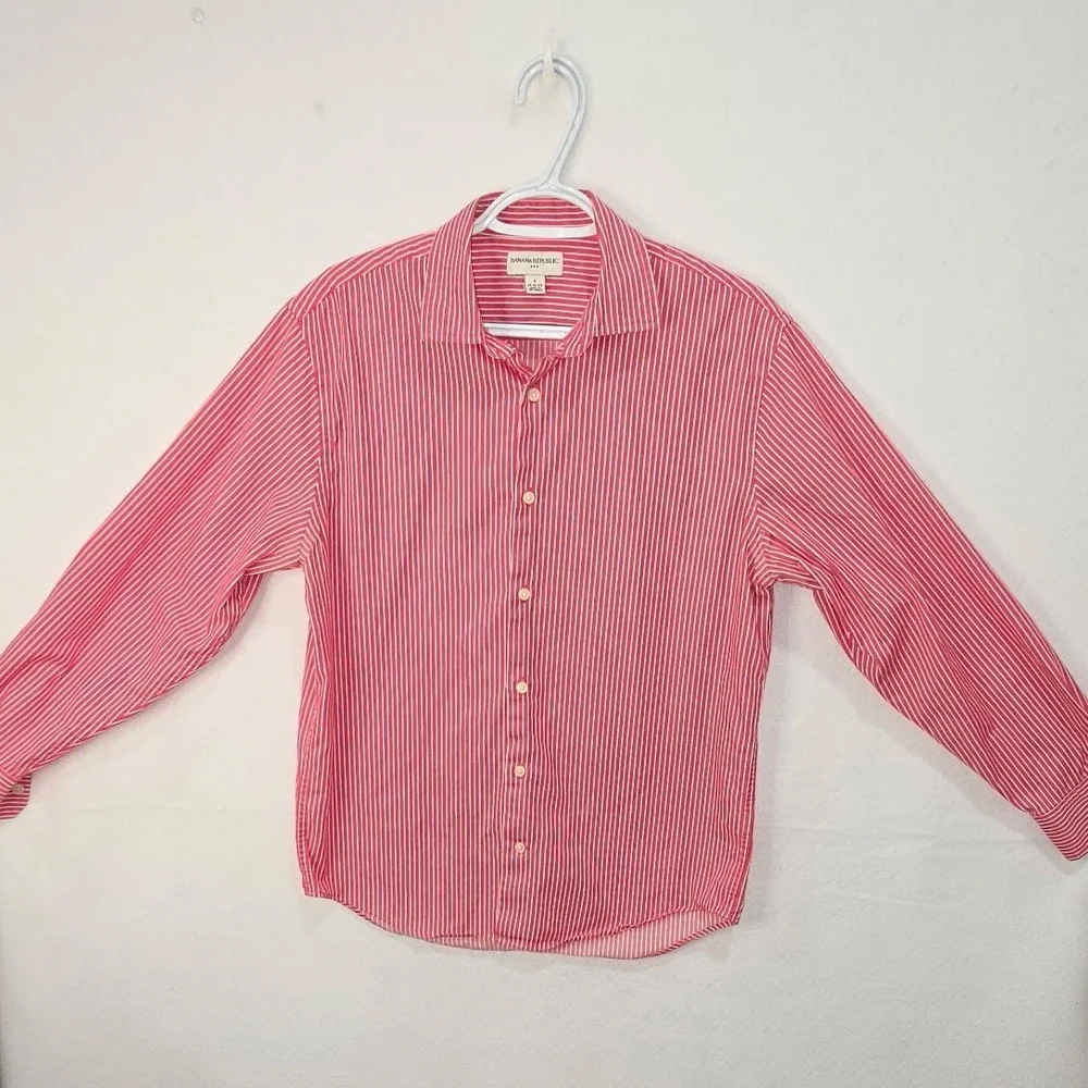 Banana Republic Mens Small Red White Striped Long Sleeve Button Down Shirt S